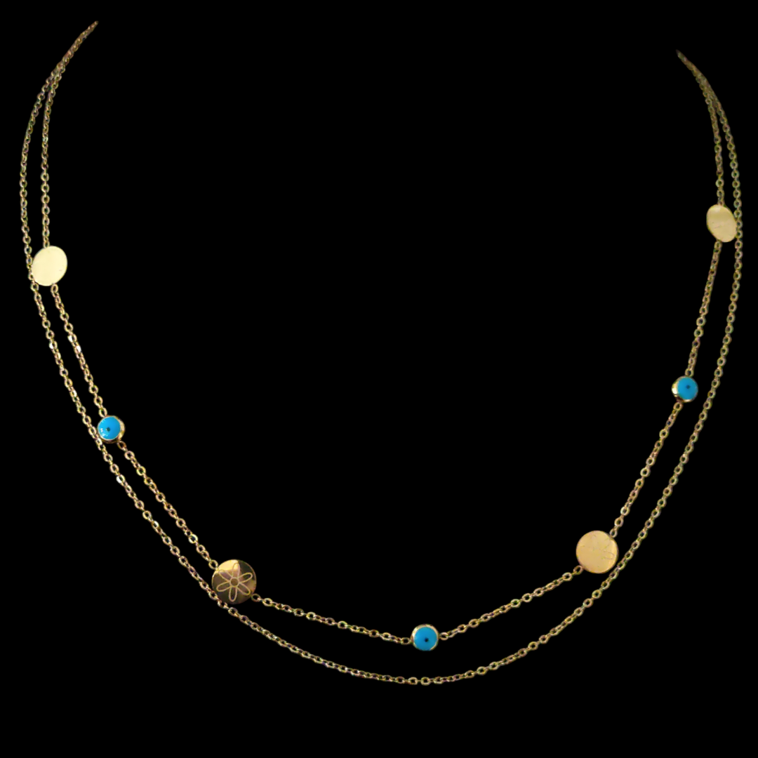 Gold Plated Double Strand Evil Eye Beads Necklace