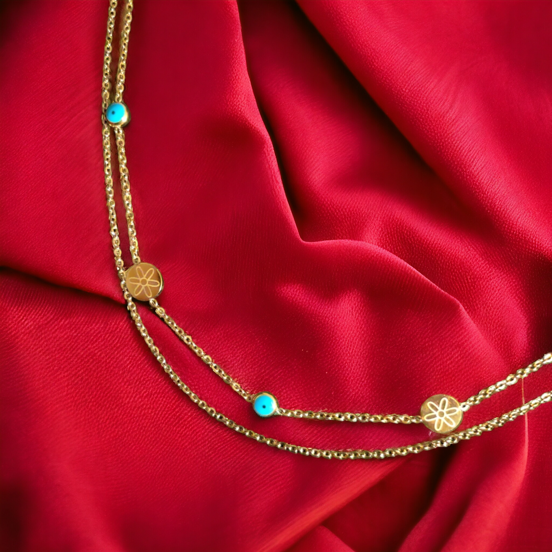 Gold Plated Double Strand Evil Eye Beads Necklace