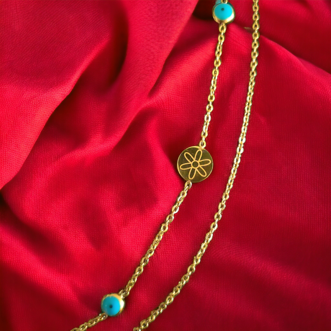 Gold Plated Double Strand Evil Eye Beads Necklace