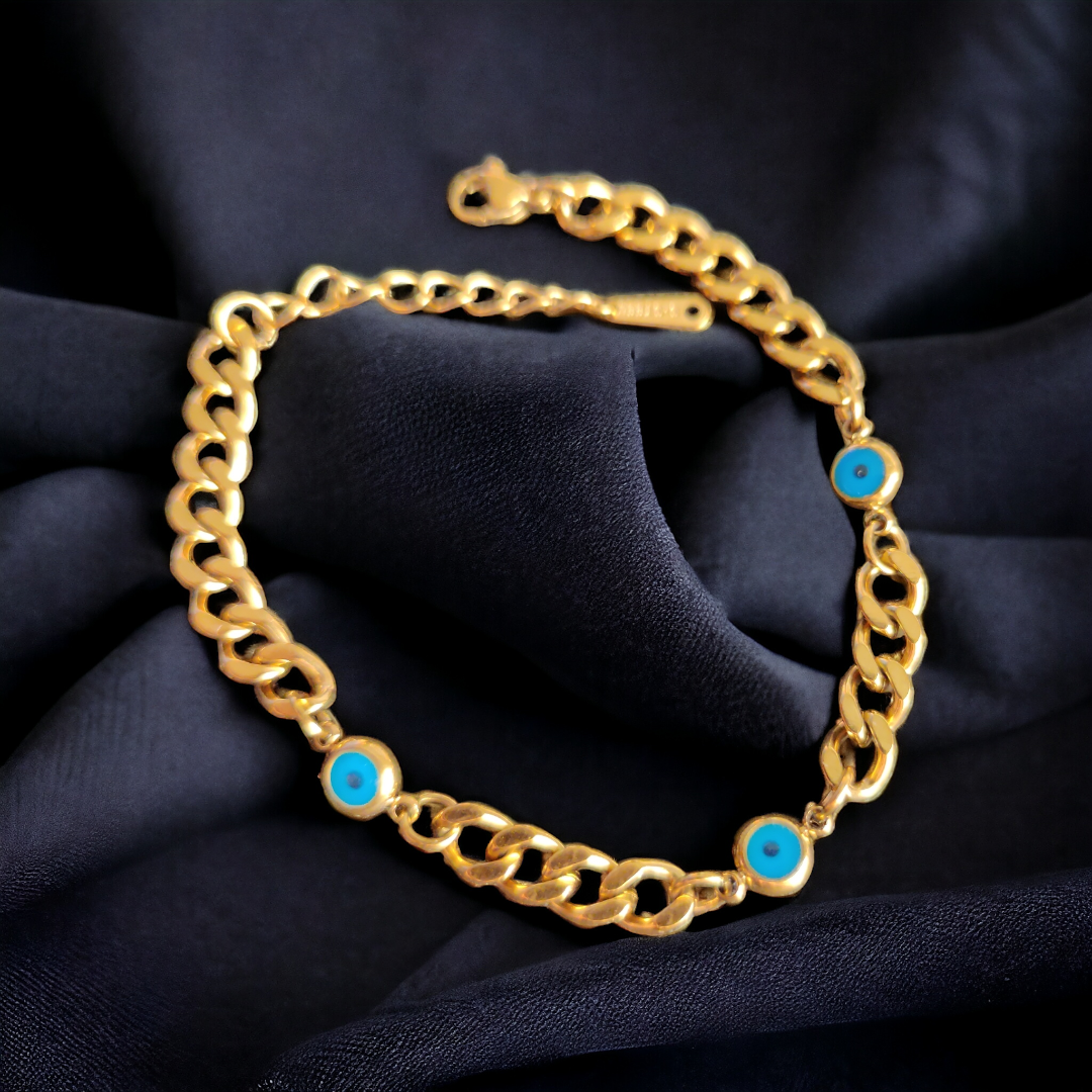 Gold Plated Bracelet with Three Evil Eye Beads