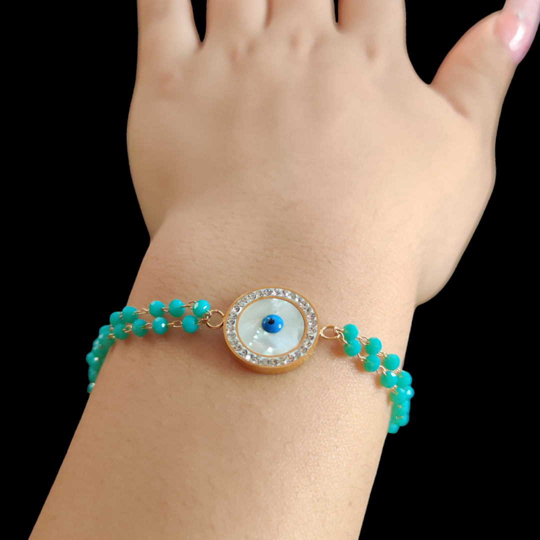 Turquoise Natural Beads with Evil Eye on Mother-of-Pearl