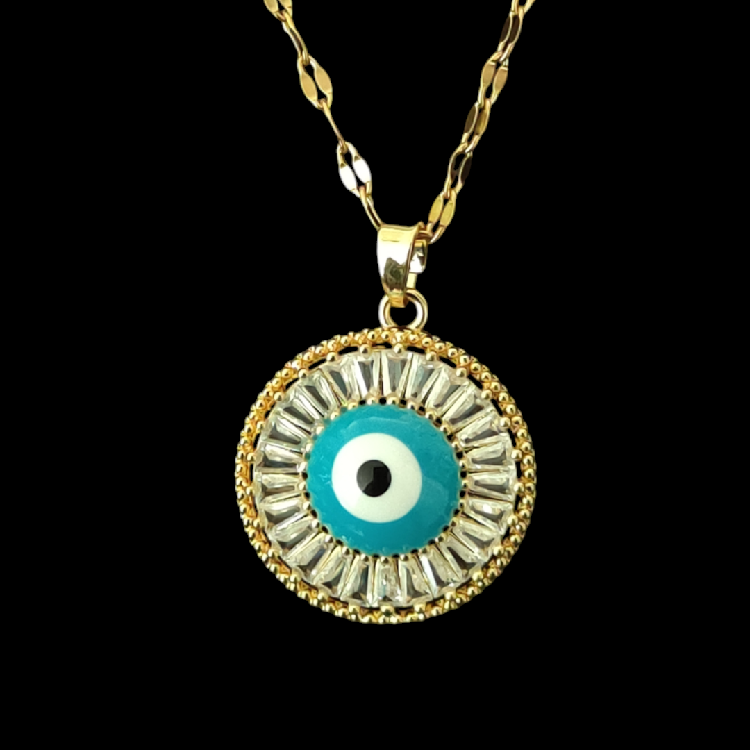 Gold Plated with Zirconia Paved Evil Eye Charm Necklace