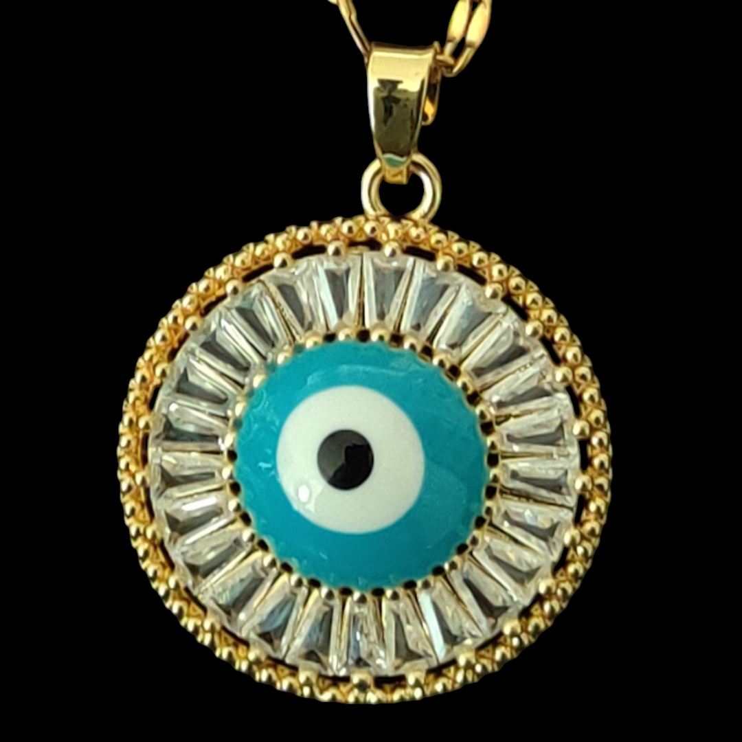 Gold Plated with Zirconia Paved Evil Eye Charm Necklace