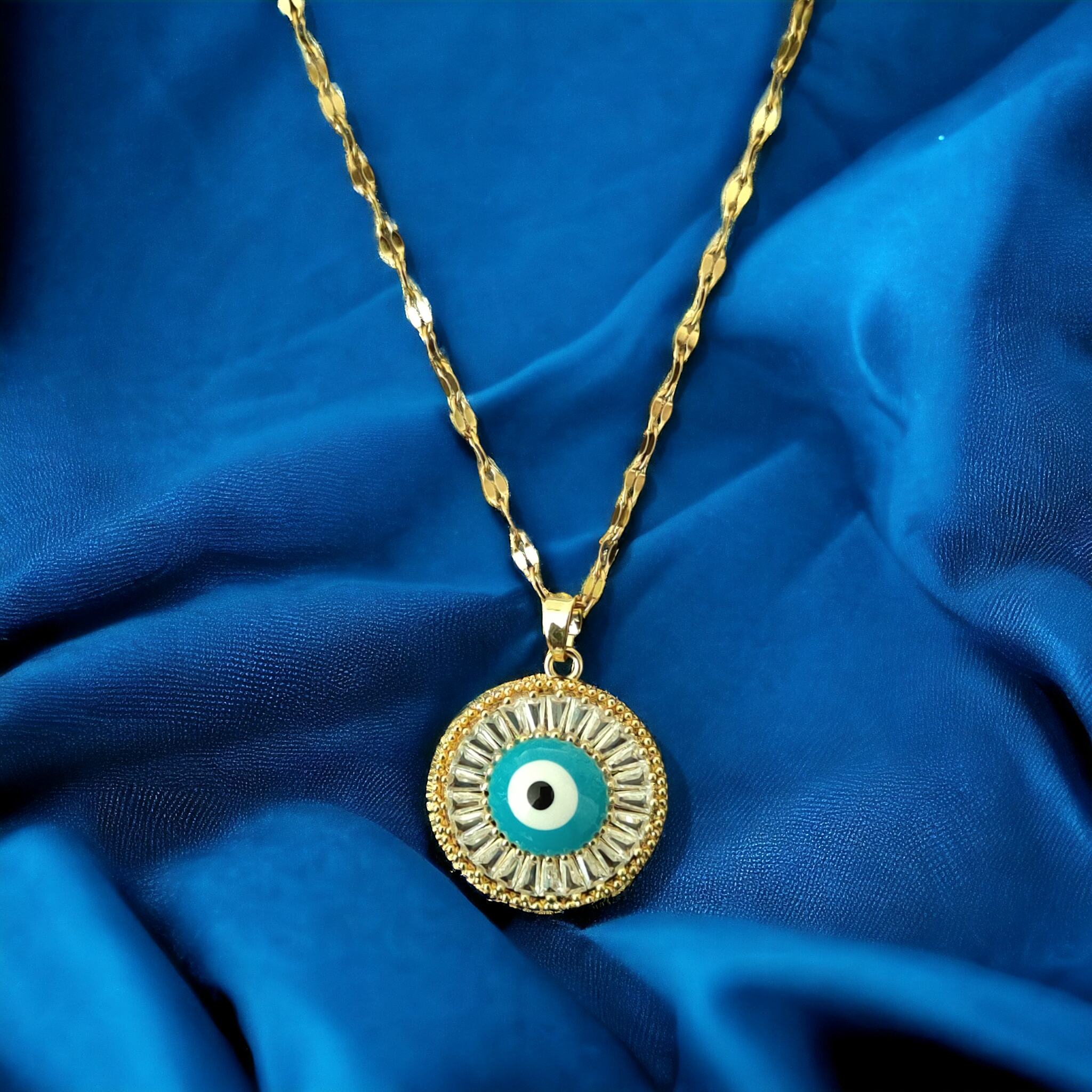 Gold Plated with Zirconia Paved Evil Eye Charm Necklace